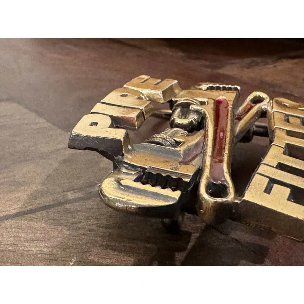 Vintage Pipefitter‎ 1990 Belt Buckle Gold tone Red Embellishment Tools